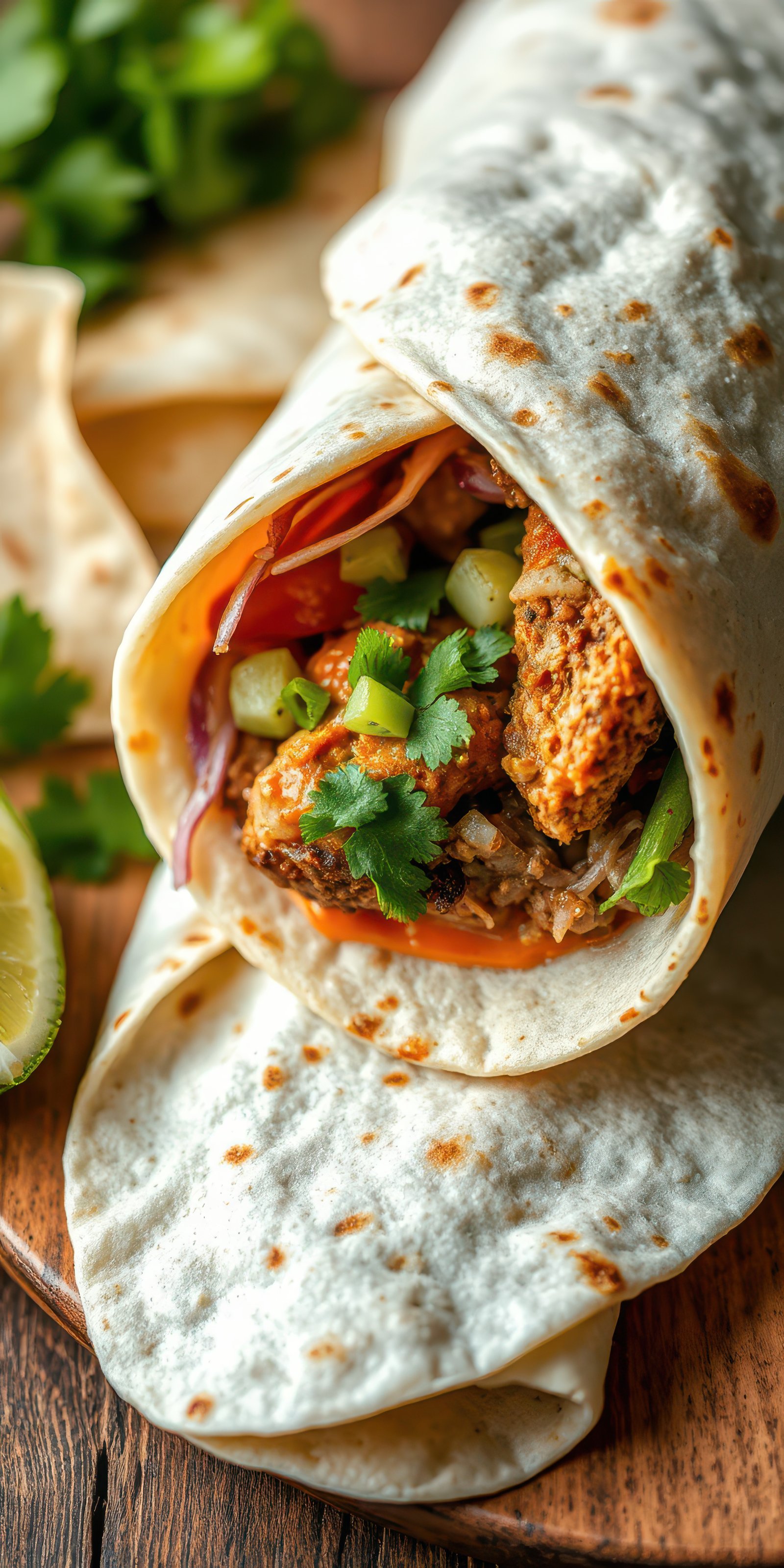 Delicious burrito filled with flavorful chicken and fresh vegetables served on a wooden table